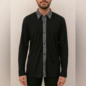 3/$30 Mexx Black Button-Up Shirt with Striped Collar - medium